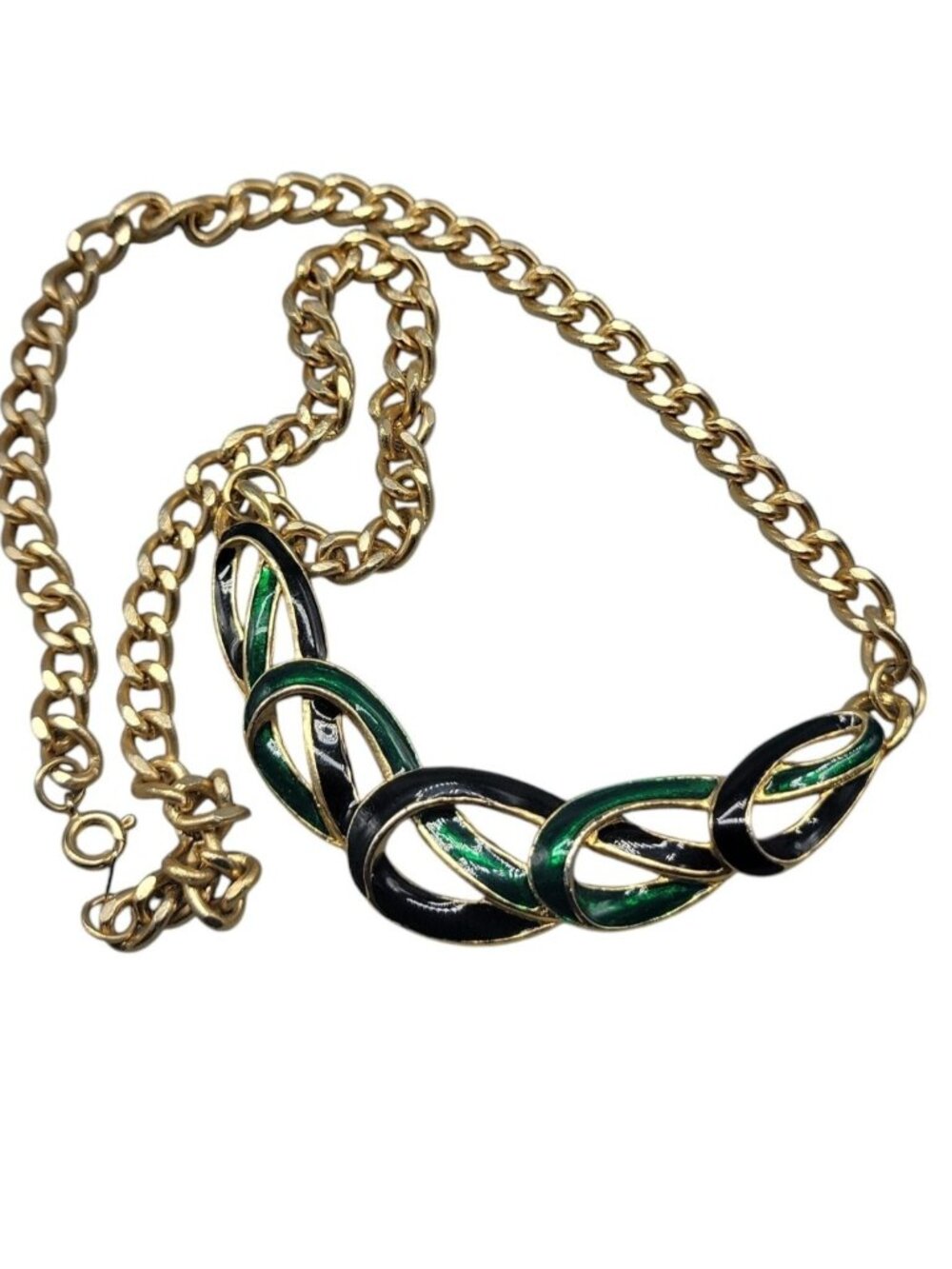 Green & Black Enamel Swirled Floating Pendant Necklace 21" Gold Tone Chain